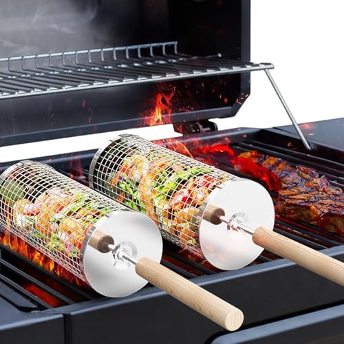 Rolling Grill Basket with Wood - Camping Cooking Gifts recensione e prezzo