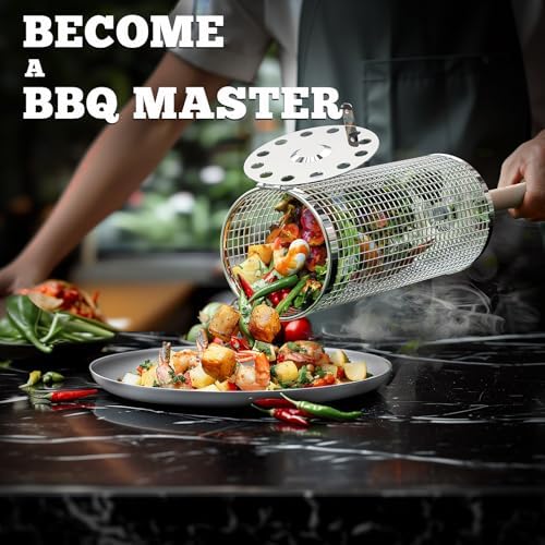 Rolling Grill Basket with Wood - Camping Cooking Gifts recensione e prezzo